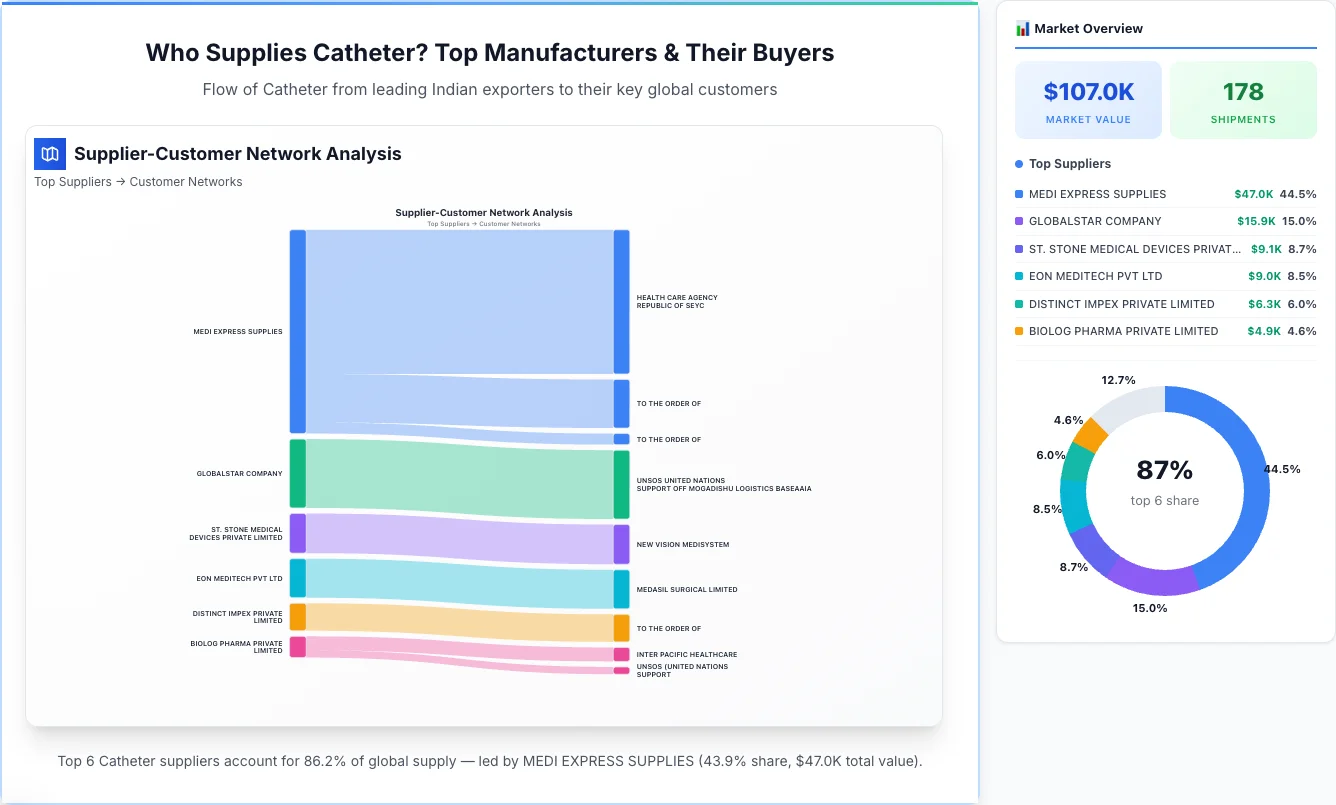 Catheter supplier-buyer network Sankey diagram 2026 — flow from top Indian manufacturers to global buyers